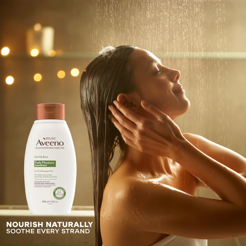 Aveeno shampoo in elegant bathroom setting with natural lighting