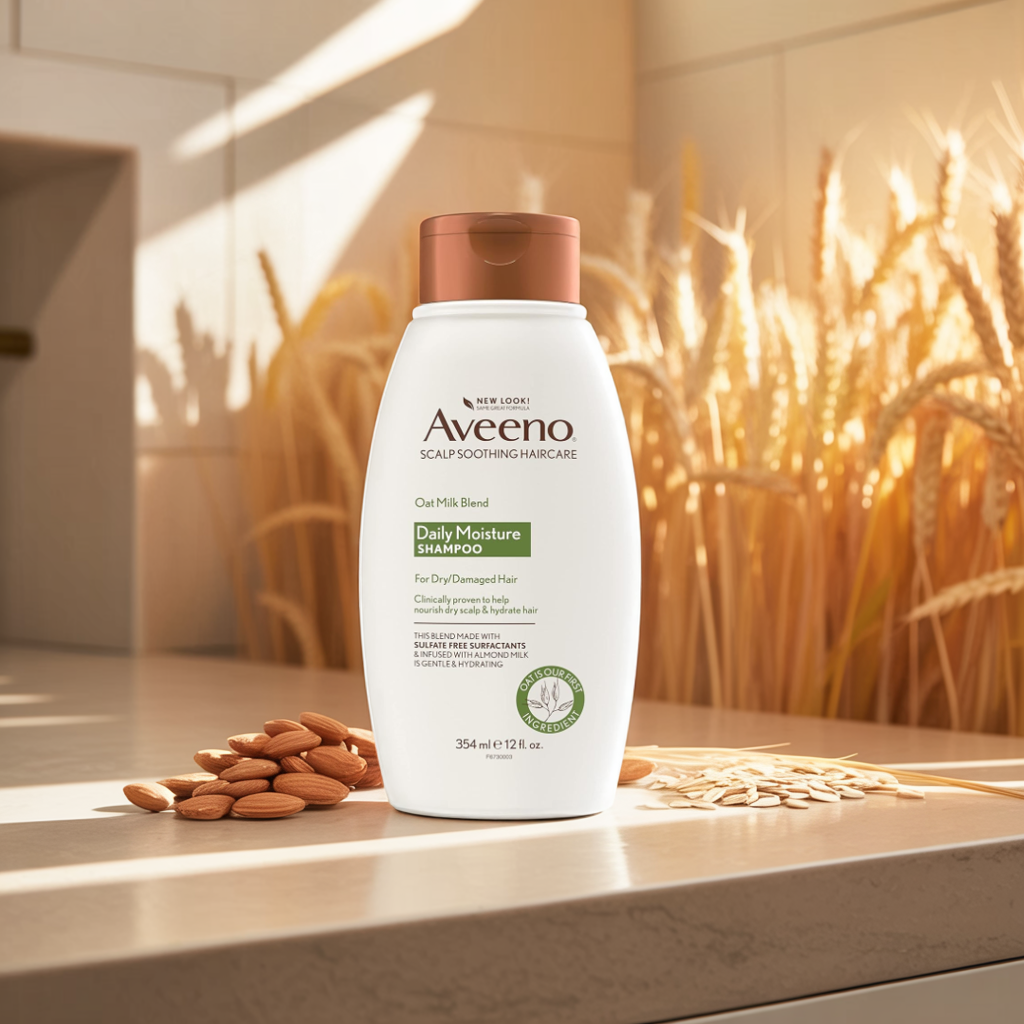 Aveeno product with milk splash emphasizing gentle care and hydration